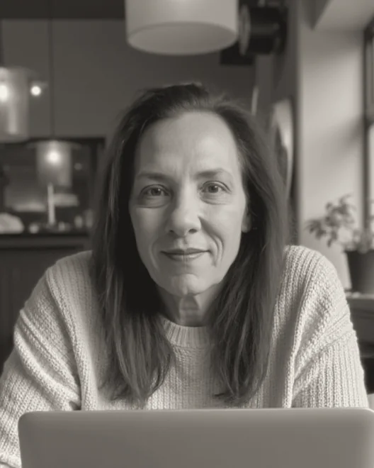 Debi Pomerantz at a café table, smiling slightly at the camera, laptop in front of her.